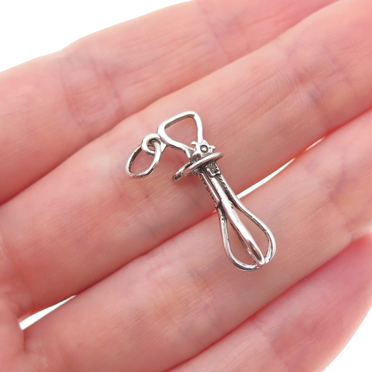 925 Sterling Silver Antique Art Deco Whisk Oxidized 3D Charm Pendant