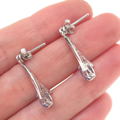 925 Sterling Silver Real Diamond Tanzanite & White Topaz Dangle Earrings