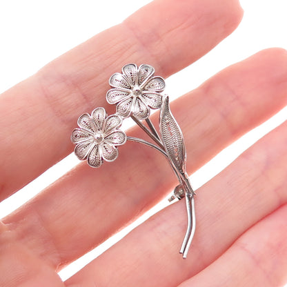 800 Silver Antique Art Deco Daisy Flower Filigree Oxidized Pin Brooch