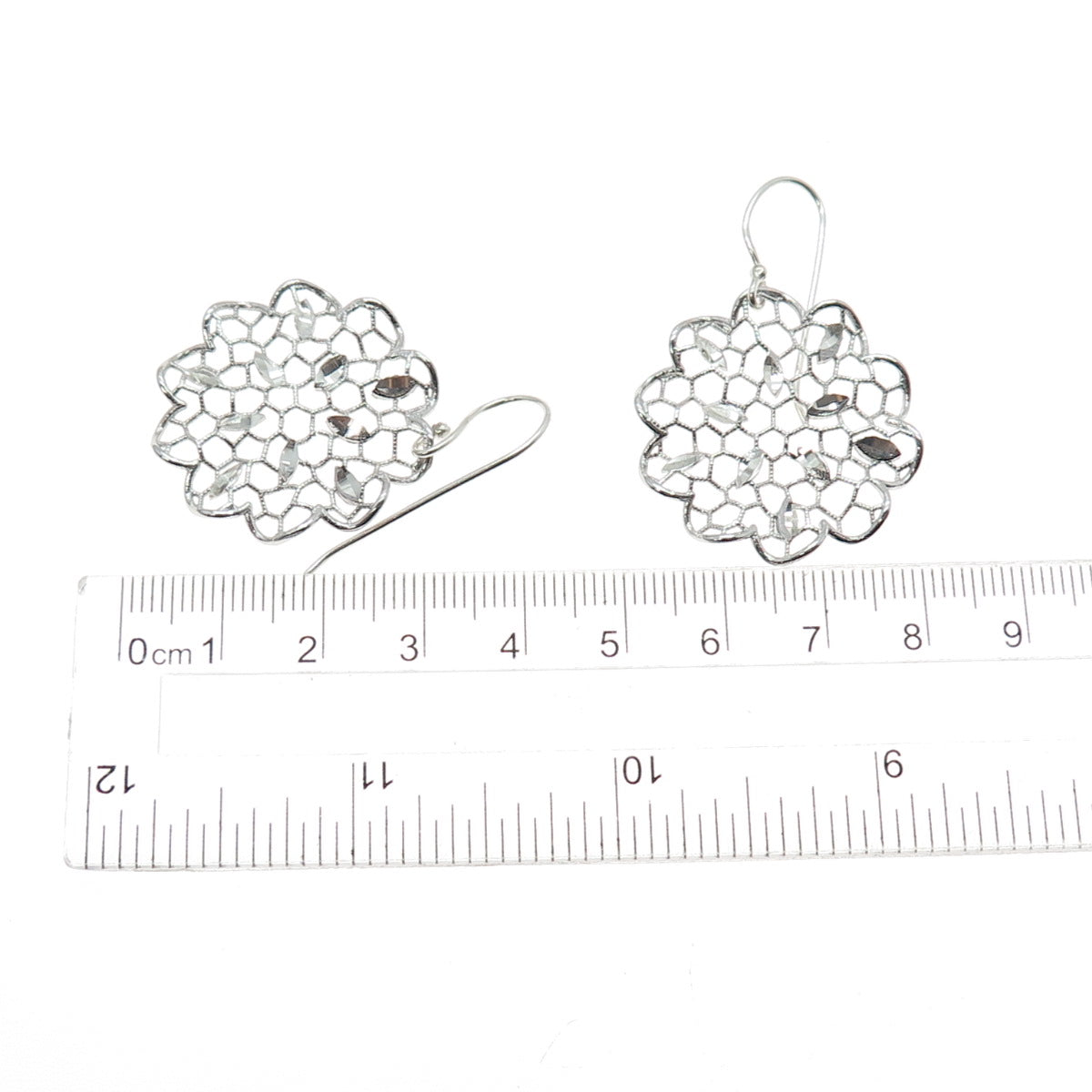 925 Sterling Silver Vintage Flower Filigree Dangle Earrings