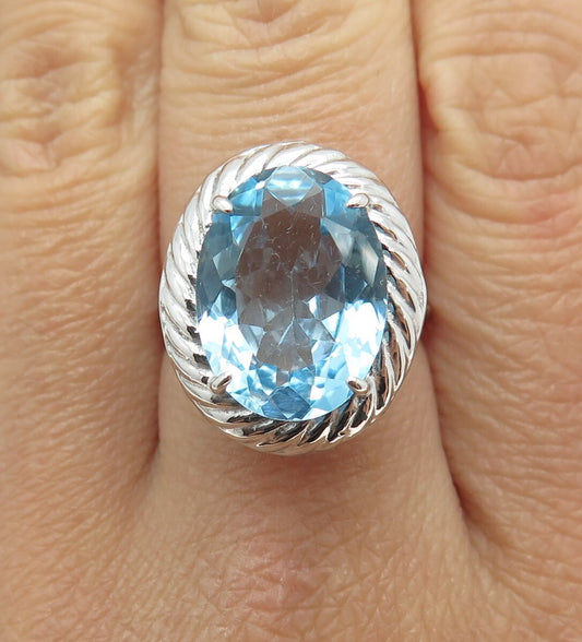 925 Sterling Silver Real Oval-Cut Blue Topaz Gem Ribbed Twisted Ring Size 6.25