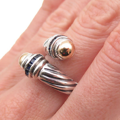 925 Sterling Silver 18K Gold Vintage Real Sapphire Adjustable Ring Size 6.5