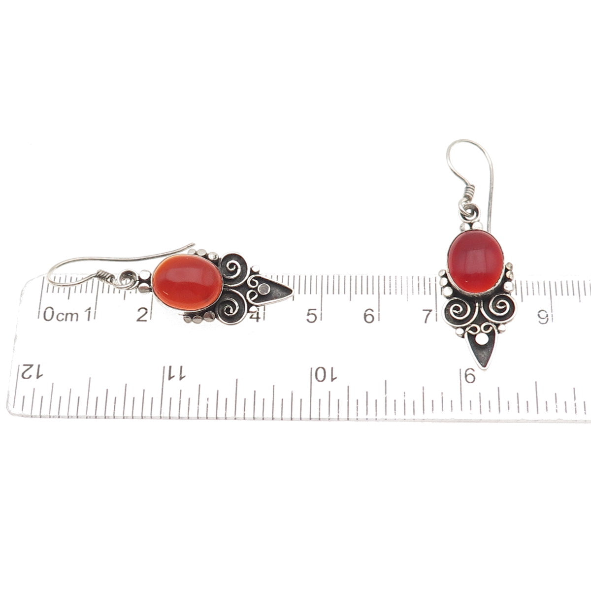 925 Sterling Silver Vintage Real Carnelian Floral Heart Oxidized Dangle Earrings
