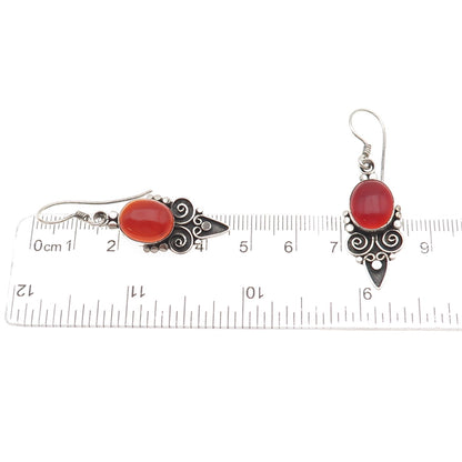 925 Sterling Silver Vintage Real Carnelian Floral Heart Oxidized Dangle Earrings