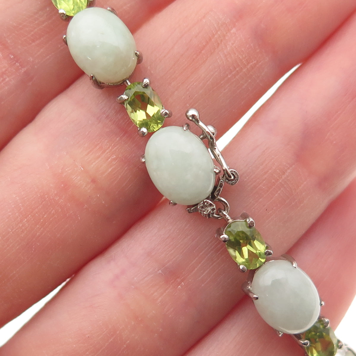 925 Sterling Silver Vintage Real Cabochon Jade & Oval-Cut Peridot Bracelet 7.5"