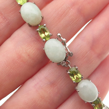 925 Sterling Silver Vintage Real Cabochon Jade & Oval-Cut Peridot Bracelet 7.5"