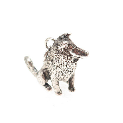 925 Sterling Silver Vintage Collie Dog Hollow Oxidized 3D Charm Pendant