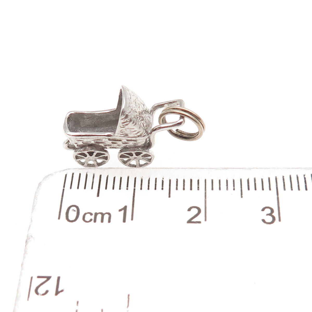 925 Sterling Silver Vintage Baby Stroller Oxidized 3D Mini Charm Pendant