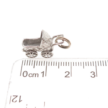 925 Sterling Silver Vintage Baby Stroller Oxidized 3D Mini Charm Pendant