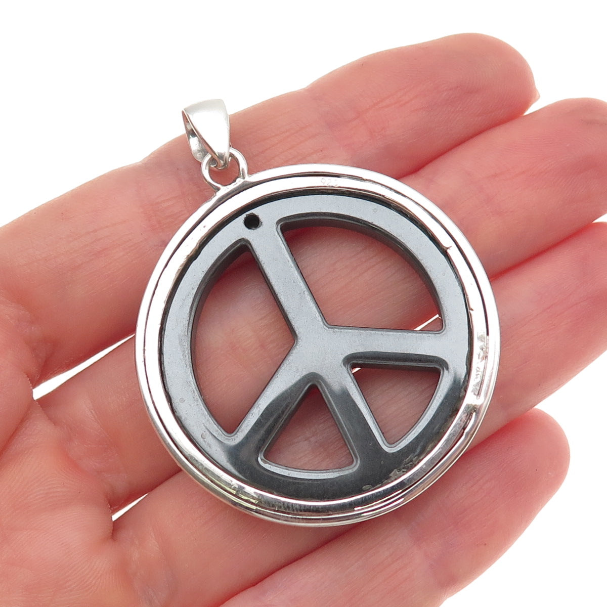 925 Sterling Silver Vintage Real Hematite Peace Symbol Pendant