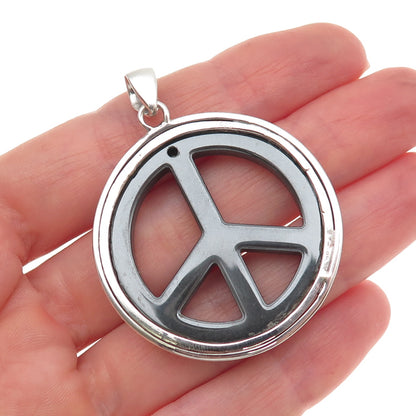 925 Sterling Silver Vintage Real Hematite Peace Symbol Pendant