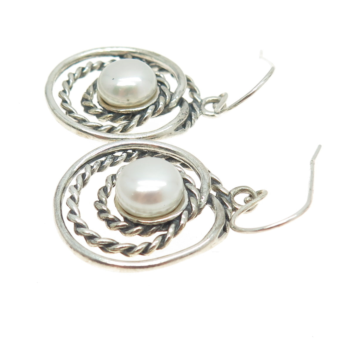 OR PAZ PZ 925 Sterling Silver Vintage Israel Real Pearl Modernist Roped Earrings