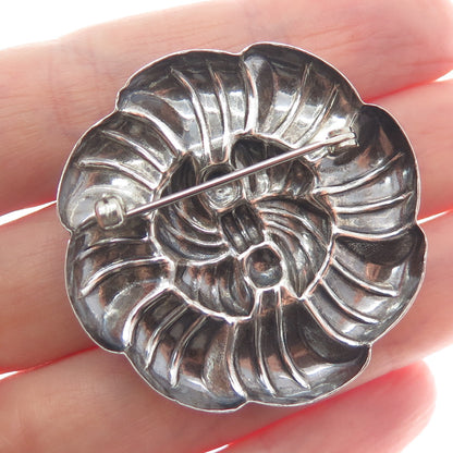 925 Sterling Silver Vintage Flower Ribbed Oxidized Pin Brooch