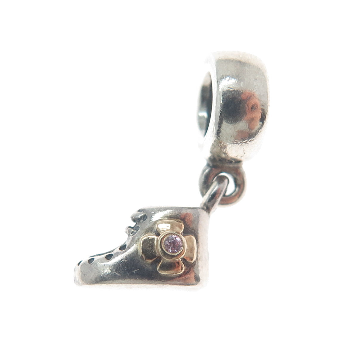 PANDORA Gold 925 Sterling Silver Lavender C Z Baby Shoe Dangle Charm