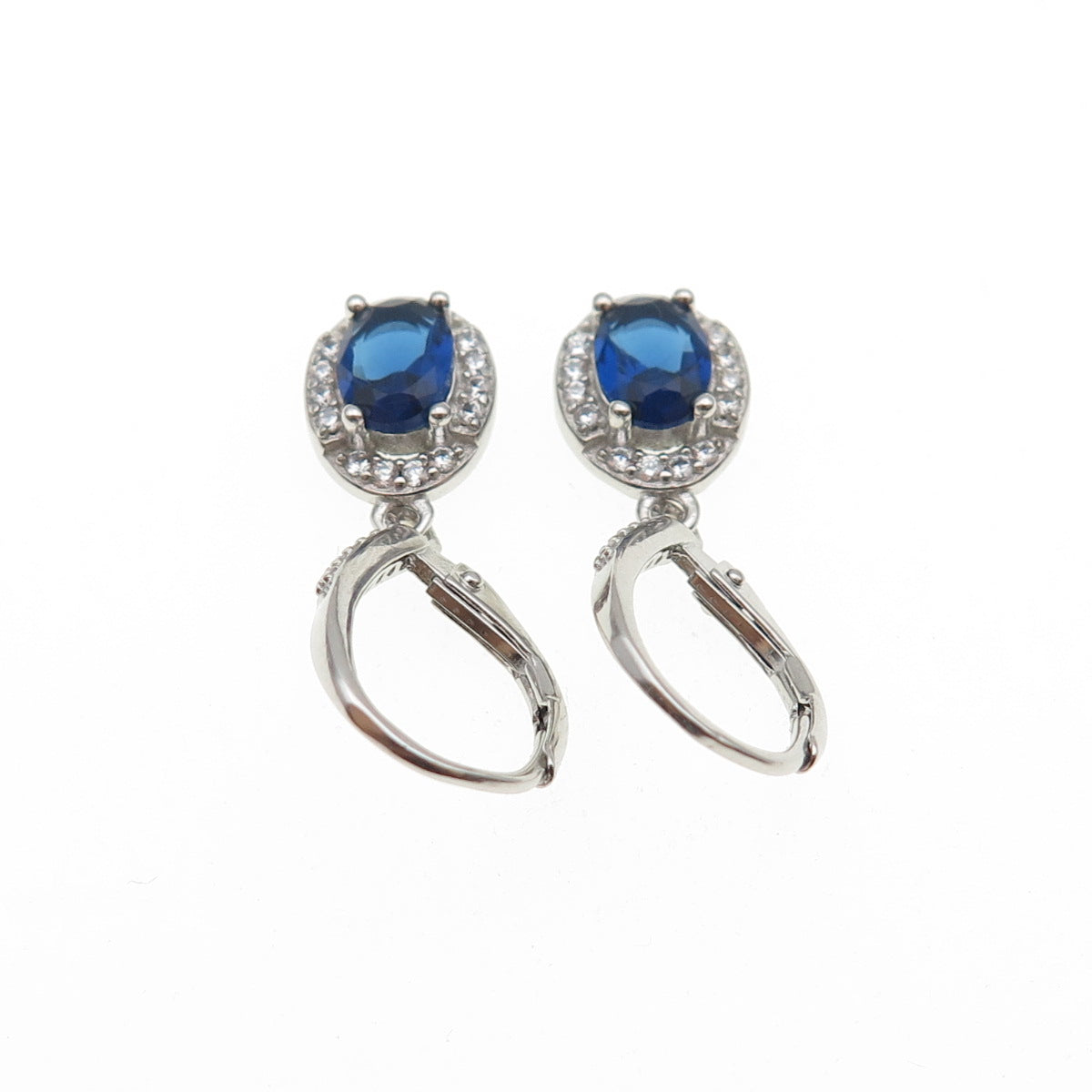 925 Sterling Silver Blue & White C Z Dangle Earrings