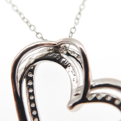925 Sterling Silver Real Round-Cut Diamond Heart Cable Chain Necklace 18"