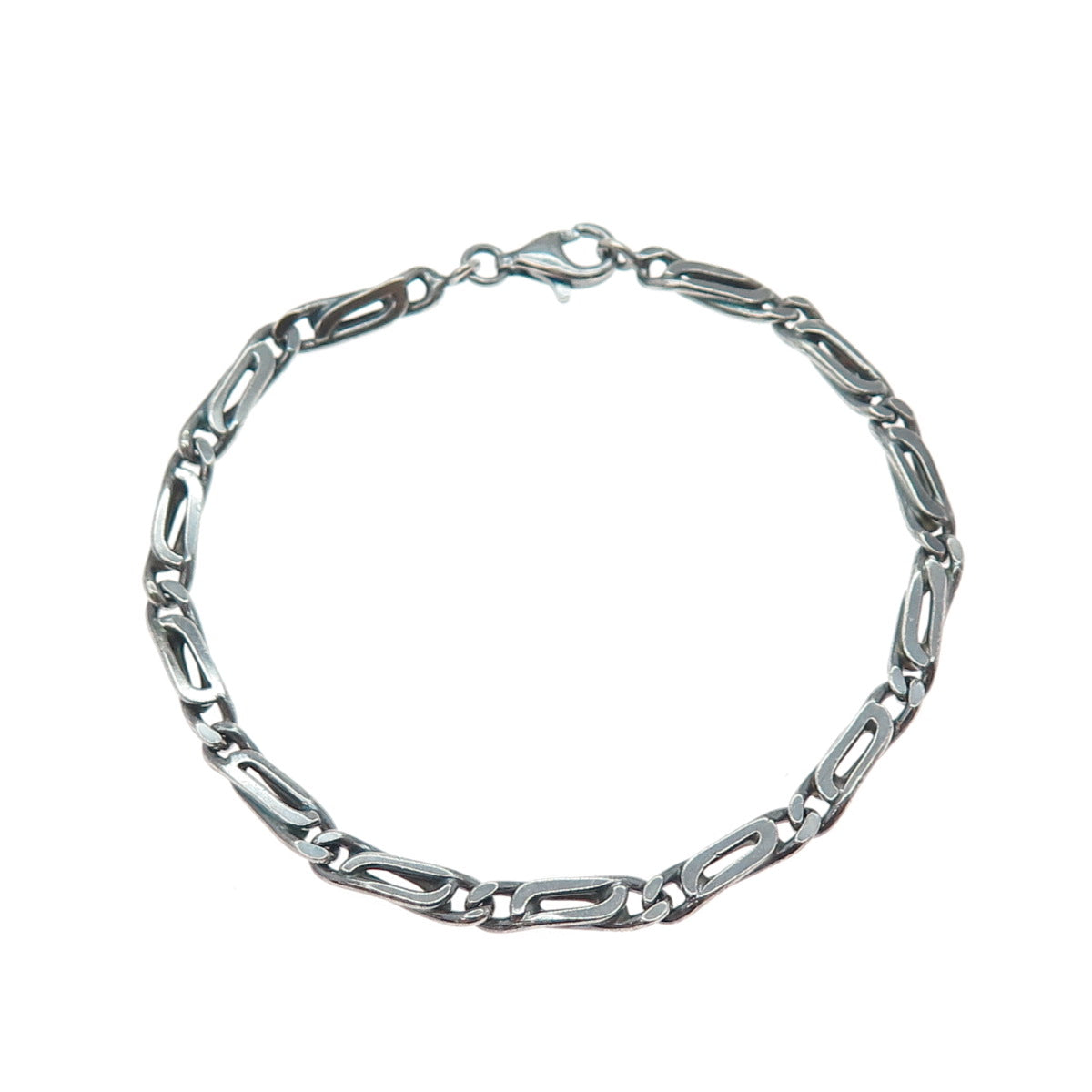 925 Sterling Silver Vintage Modernist Paperclip Link Oxidized Bracelet 7.25"