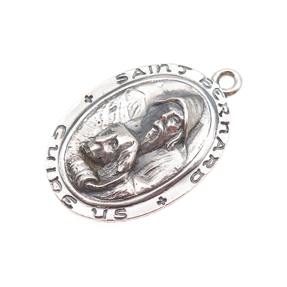 925 Sterling Silver Antique Art Deco St. Bernard Medal Oxidized Charm Pendant