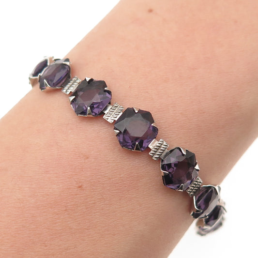 925 Sterling Silver Antique Art Deco Real Amethyst Bracelet 7.25"