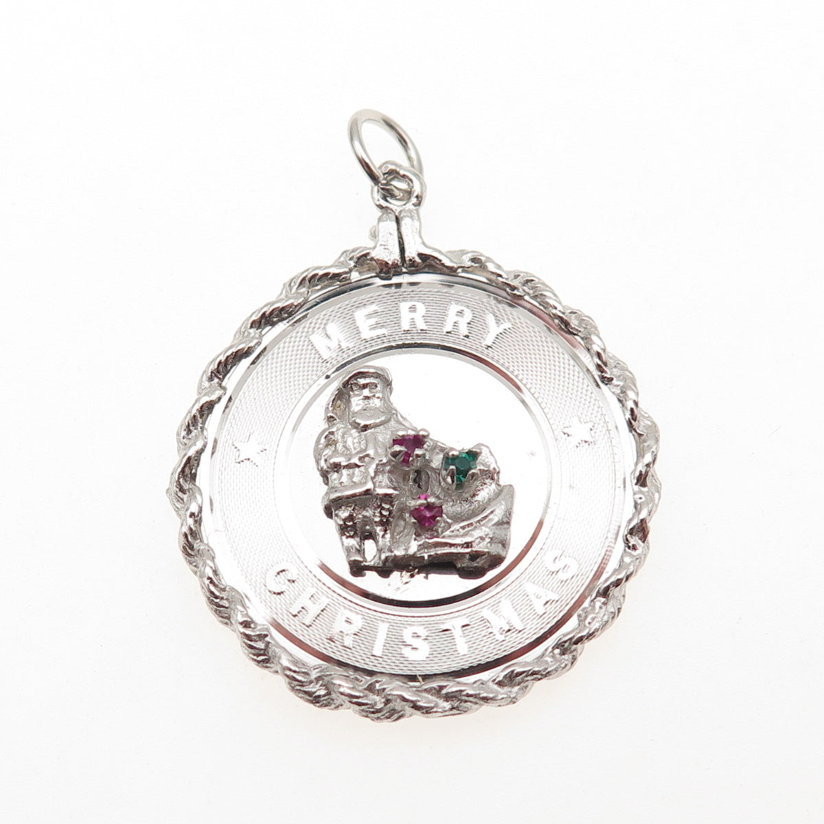 925 Sterling Silver Vintage Rhinestone Santa Merry Christmas Charm Pendant