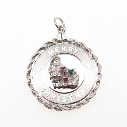925 Sterling Silver Vintage Rhinestone Santa Merry Christmas Charm Pendant