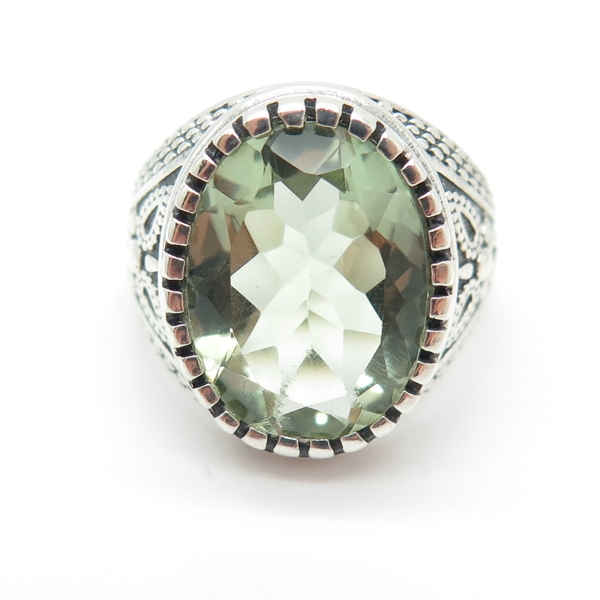 925 Sterling Silver Vintage Real Green Amethyst Gemstone Ethnic Ring Size 7.5