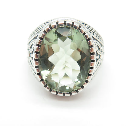 925 Sterling Silver Vintage Real Green Amethyst Gemstone Ethnic Ring Size 7.5