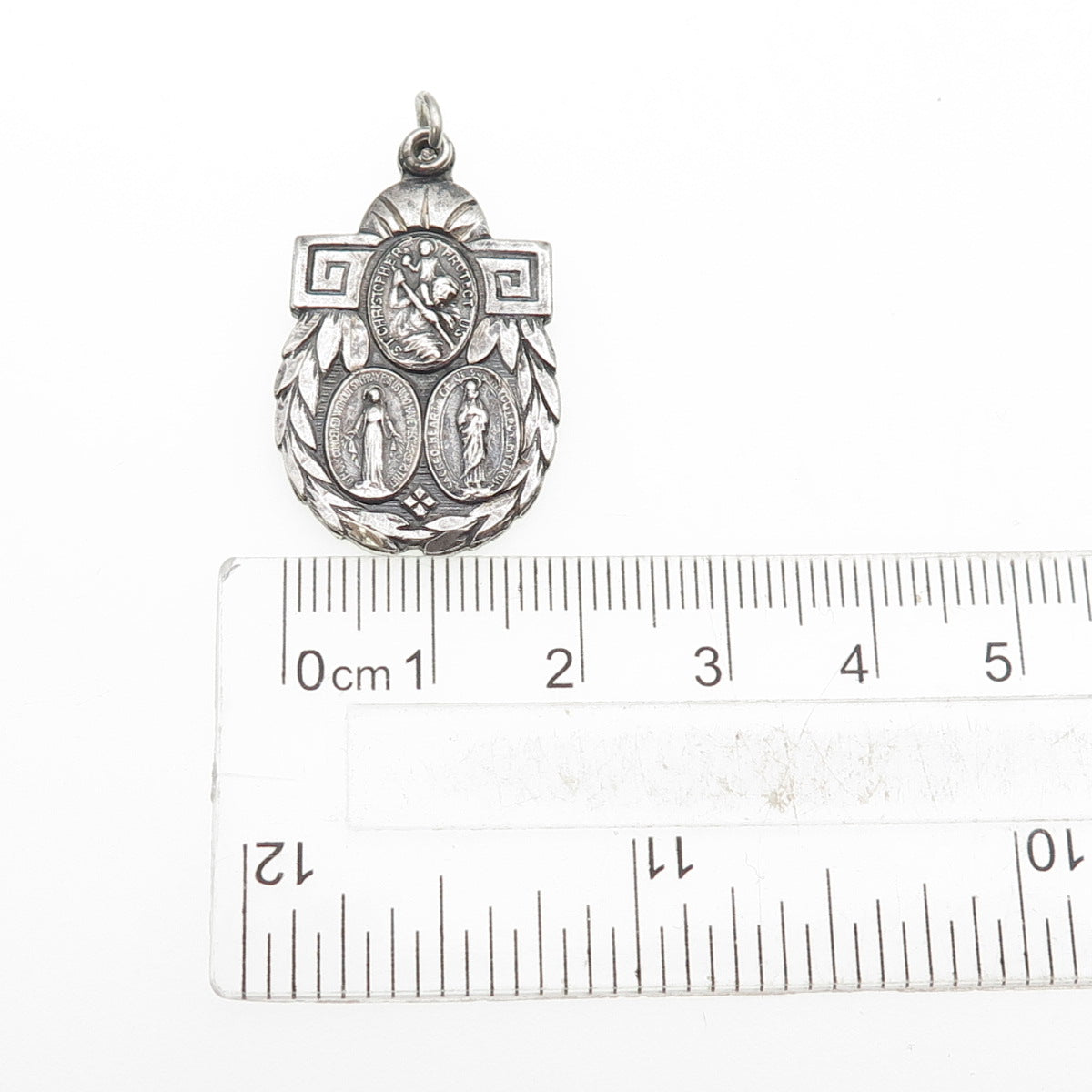 925 Sterling Silver Antique Art Deco Catholic Religious Medal Oxidized Pendant