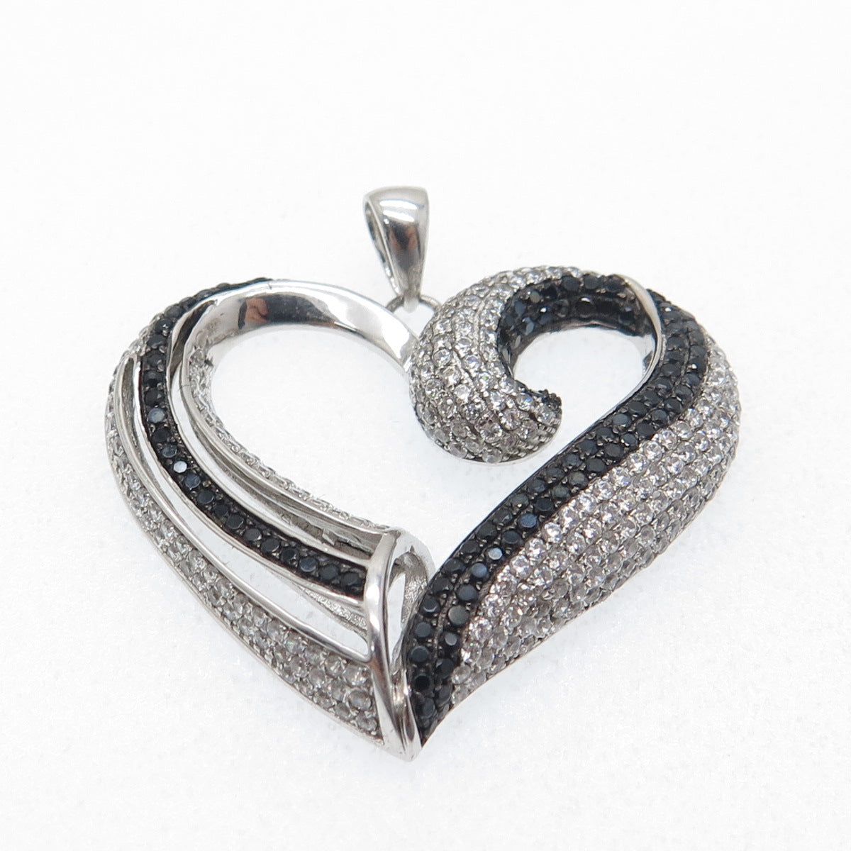 925 Sterling Silver Real Round-Cut Black Spinel & C Z Heart Pendant