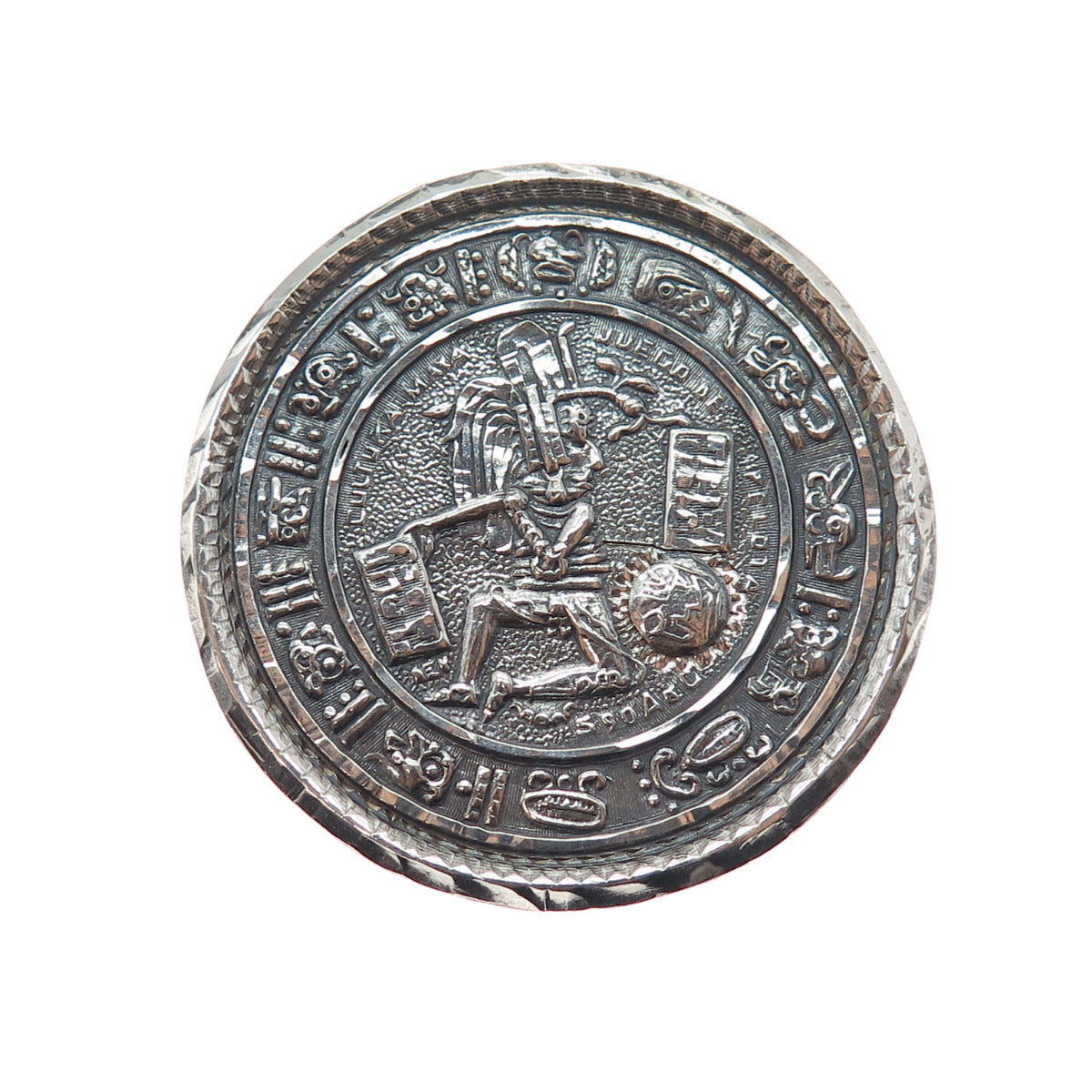 925 Sterling Silver Vintage Mexico Aztec Disc Oxidized Pin Brooch / Pendant