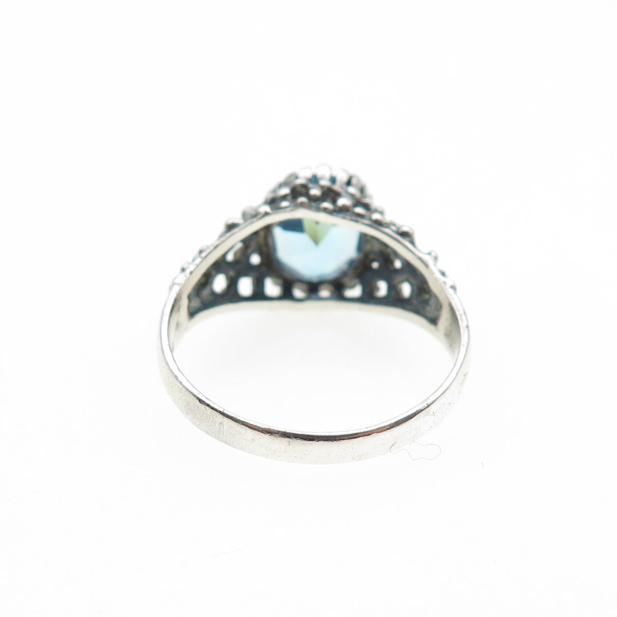 925 Sterling Silver Vintage Blue C Z Modernist Granulated Oxidized Ring Size 6