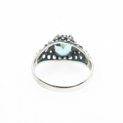 925 Sterling Silver Vintage Blue C Z Modernist Granulated Oxidized Ring Size 6