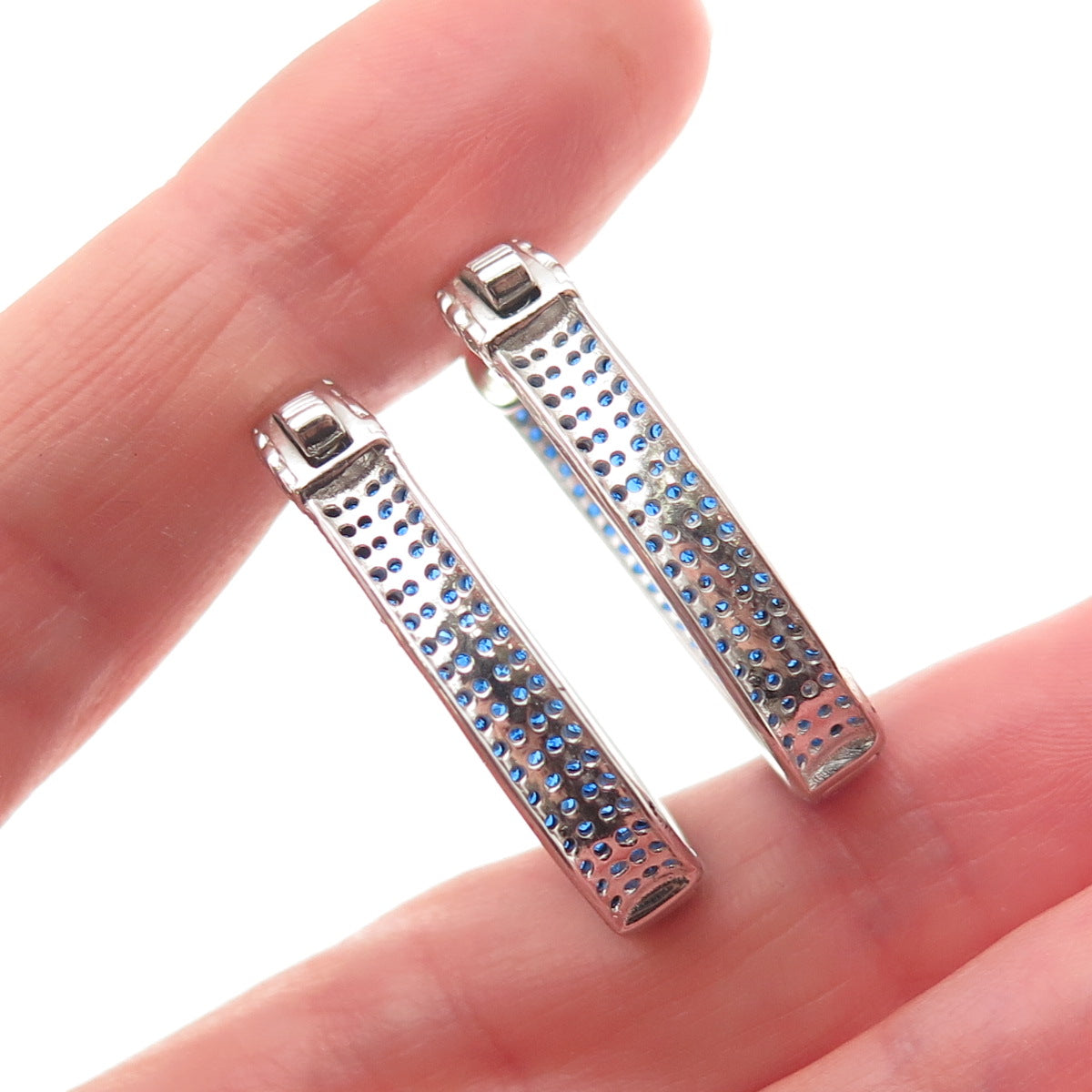 925 Sterling Silver Round-Cut Blue C Z In & Out Hoop Earrings