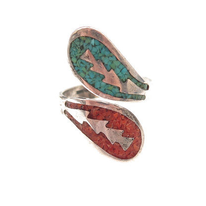 Joe Tom Navajo Old Pawn Sterling Turquoise & Coral Inlay Adjustable Ring Size 10