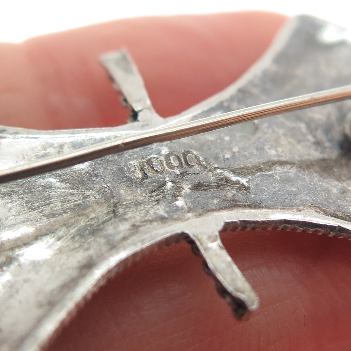 900 Silver Antique Axe Cannetille Floral Oxidized Pin Brooch