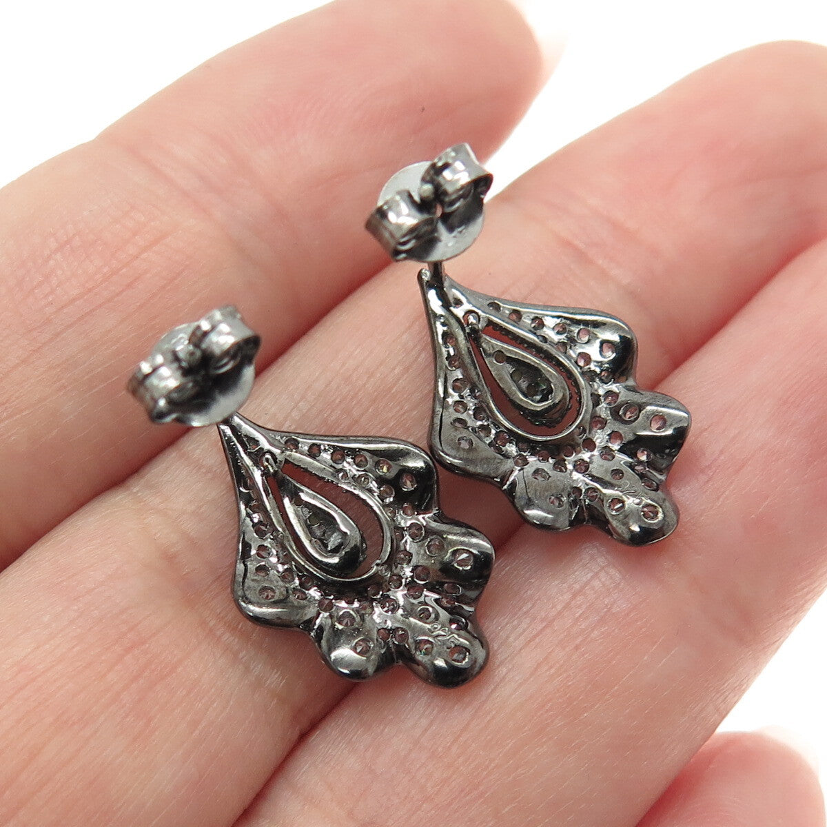 925 Sterling Silver Round-Cut Green & White C Z Leaf Black Rhodium Earrings