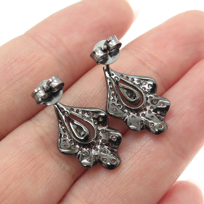925 Sterling Silver Round-Cut Green & White C Z Leaf Black Rhodium Earrings