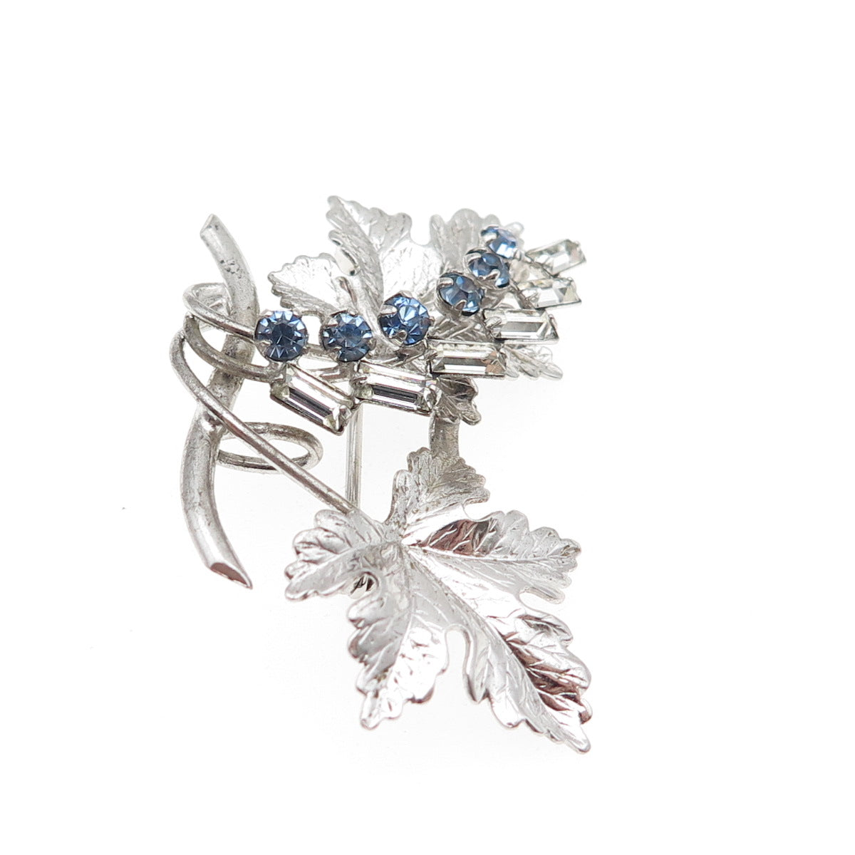 CARL ART Sterling Silver Antique Art Deco Blue & White Rhinestone Floral Brooch