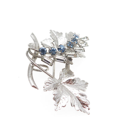 CARL ART Sterling Silver Antique Art Deco Blue & White Rhinestone Floral Brooch