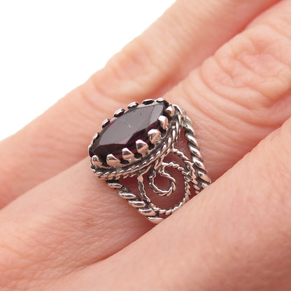 925 Sterling Silver Vintage Real Marquise-Cut Garnet Swirl Oxidized Ring Size 6