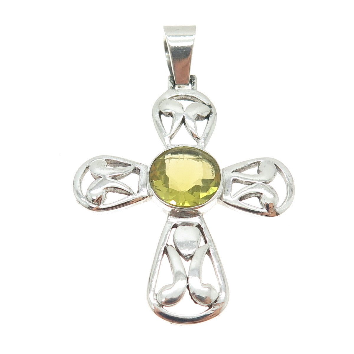 925 Sterling Silver Vintage Real Lime Citrine Gemstone Cross Pendant