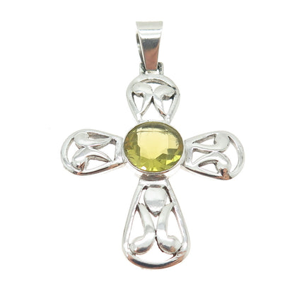 925 Sterling Silver Vintage Real Lime Citrine Gemstone Cross Pendant