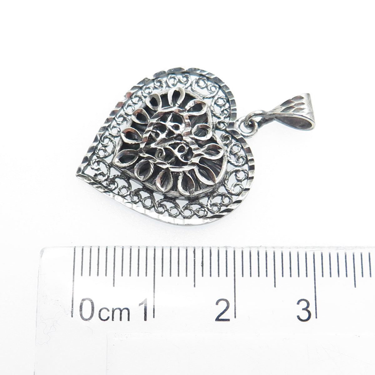 MORNING SUN 925 Sterling Silver Vintage Ornate Heart Oxidized Pendant