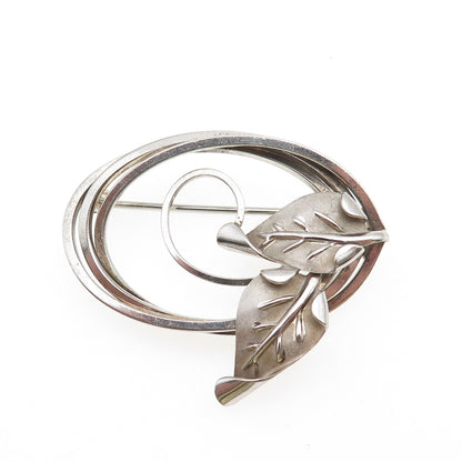CURTIS 925 Sterling Silver Vintage Modernist Floral Leaf Oxidized Pin Brooch