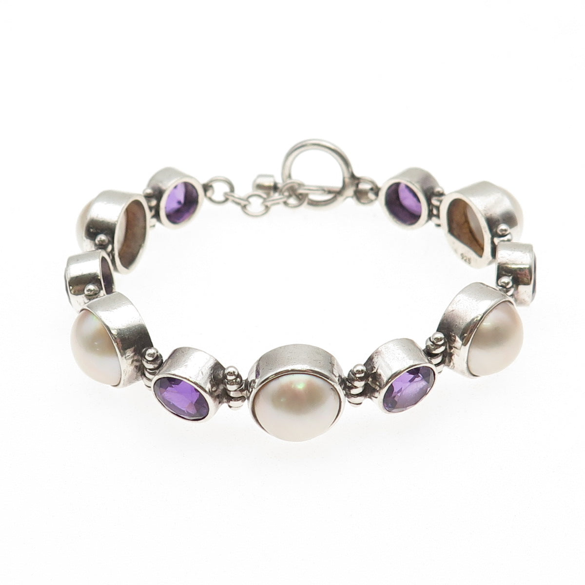 925 Sterling Silver Vintage Real Pearl & Amethyst Modernist Bracelet 7"