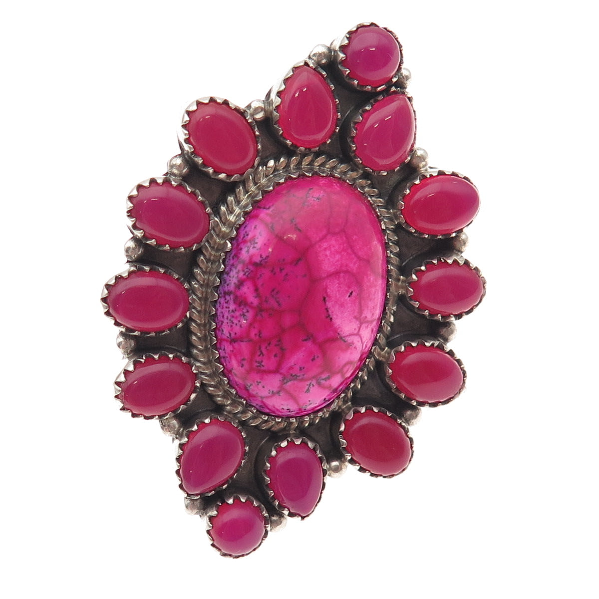 925 Sterling Vintage Pink Turquoise & Onyx Statement Adjustable Ring Size 8.75