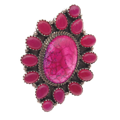 925 Sterling Vintage Pink Turquoise & Onyx Statement Adjustable Ring Size 8.75