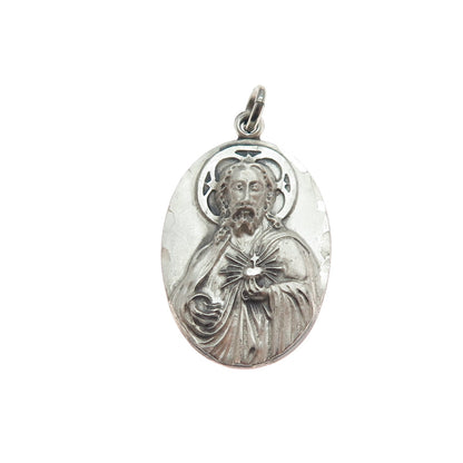 925 Sterling Silver Antique Art Deco Jesus Sacred Heart Medal Charm Pendant