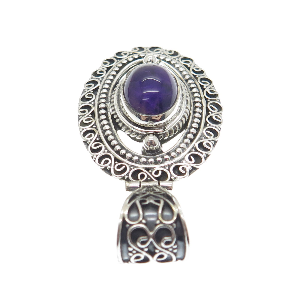 925 Sterling Silver Vintage Real Amethyst Gemstone Boho Ornate Pendant