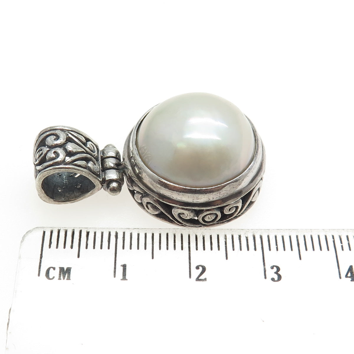 925 Sterling Silver Vintage Real Pearl Ornate Pendant